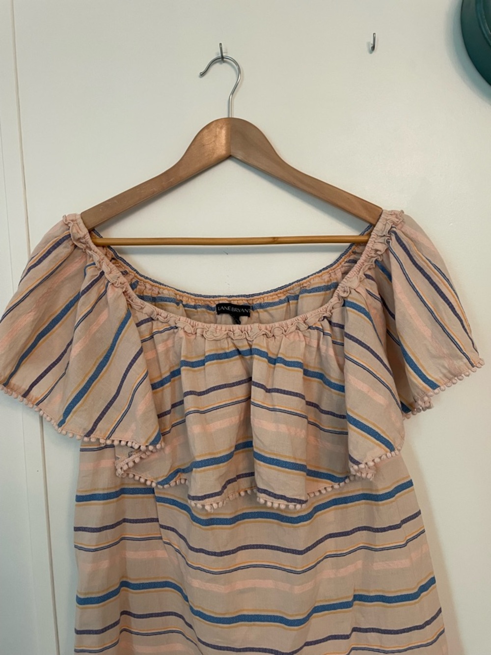 Lane Bryant Beige Off-Shoulder Striped Ruffle Top Size 14/16 lightweight Boho - Picture 3 of 10